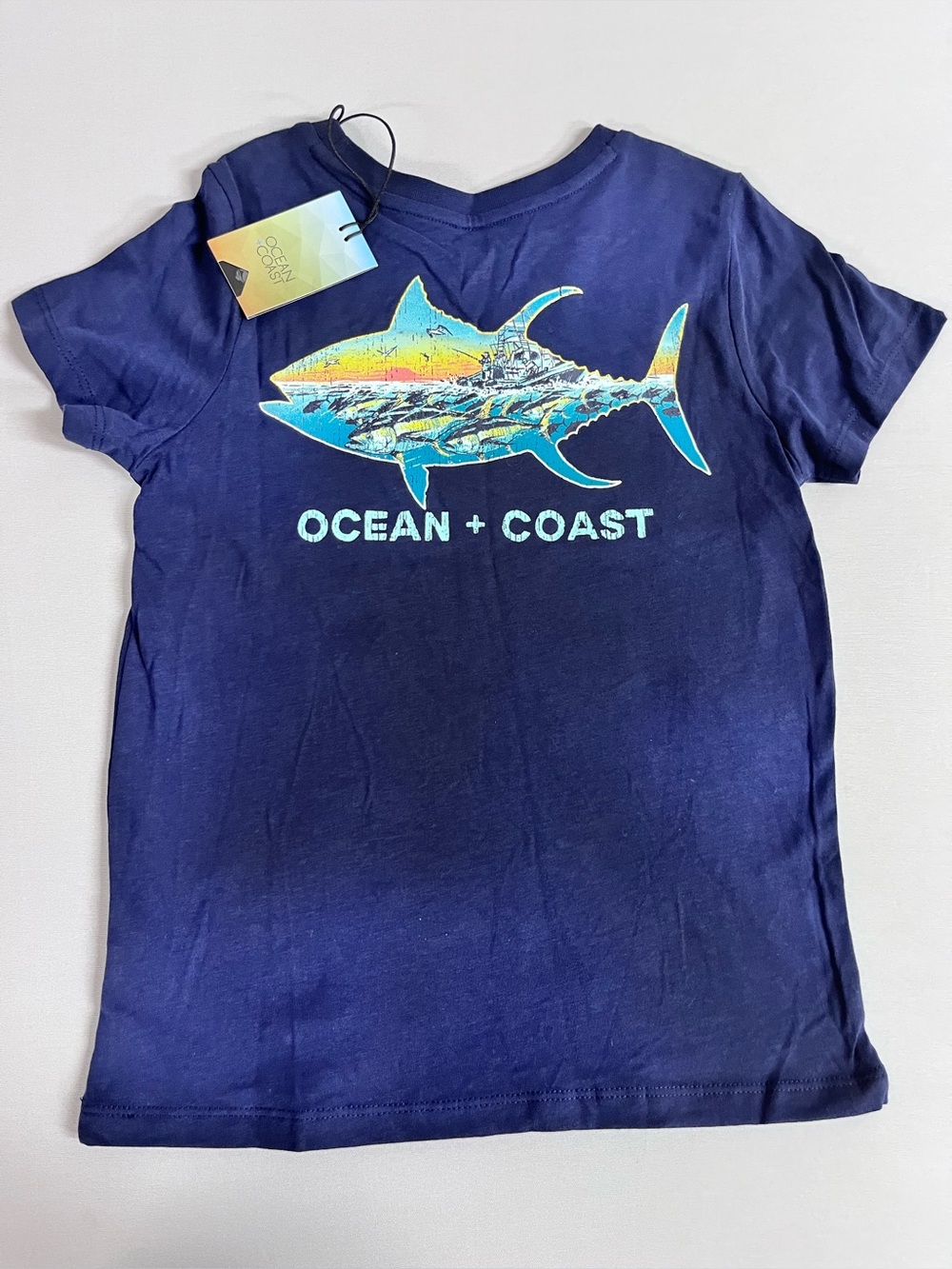 Brand New- Ocean+Coast Navy Blue Tee with Aqua Shark Graphic